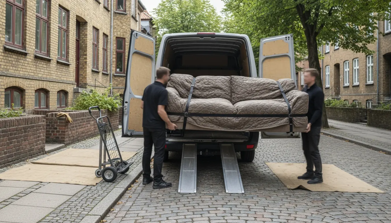 Flyttefolk læsser en meget stor sofa ind i en varevogn på en Frederiksberg-gade.
