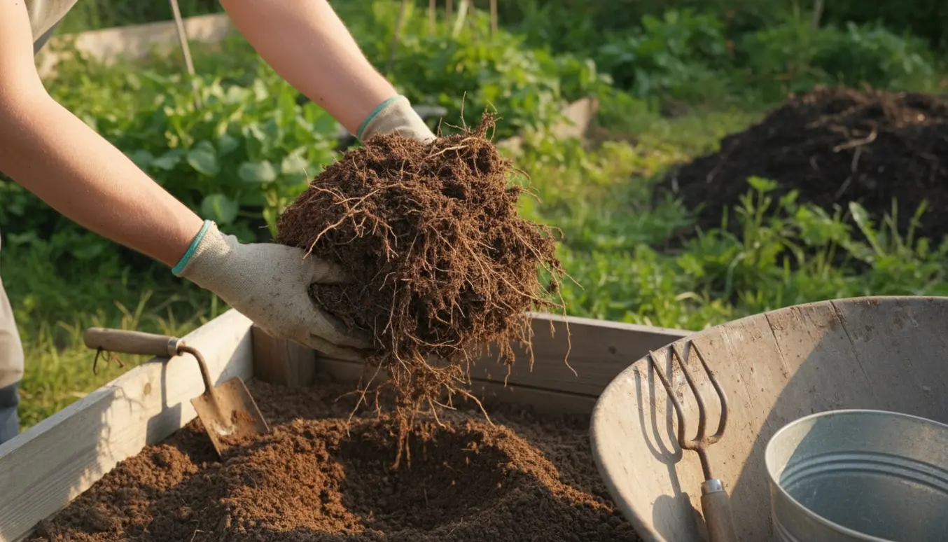 Nærbillede af handsker, der løfter en jordklump med rødder fra et havebed.