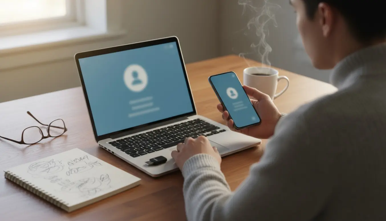 Over-shoulder billede af en person, der nulstiller sin Facebook-adgangskode med telefon og bærbar på et skrivebord.