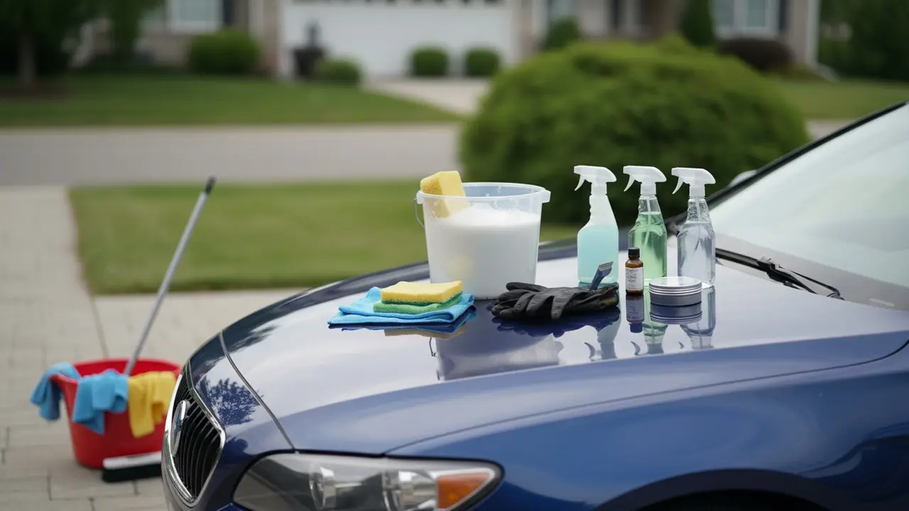 Bil ved indkørsel med rengøringsudstyr på kanten af kølerhjelmen