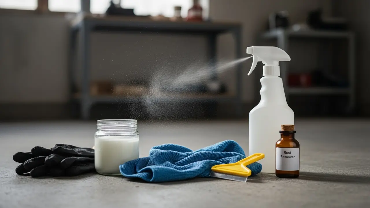 Nærbillede af bilplejeudstyr: mikrofiber, insektskraber, sprays og handsker