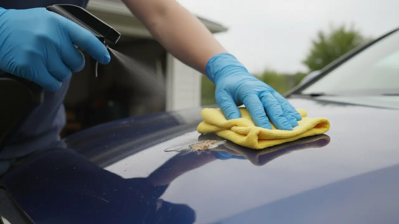 Person i handsker sprayer og tørrer fugleklat af bil med mikrofiberklud