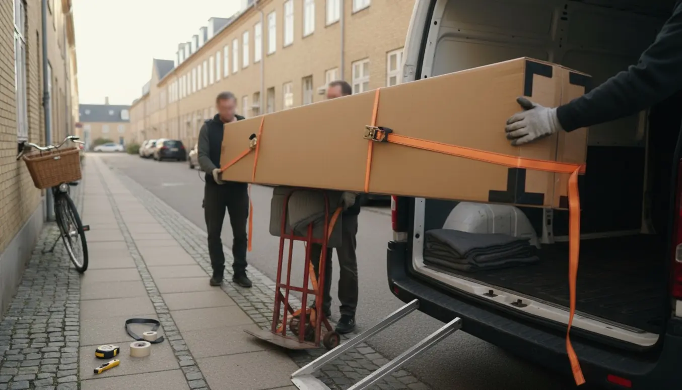 Et langt papkasseret reolsæt bliver lastet ind i en hvid varevogn på en rolig københavnsk gade.