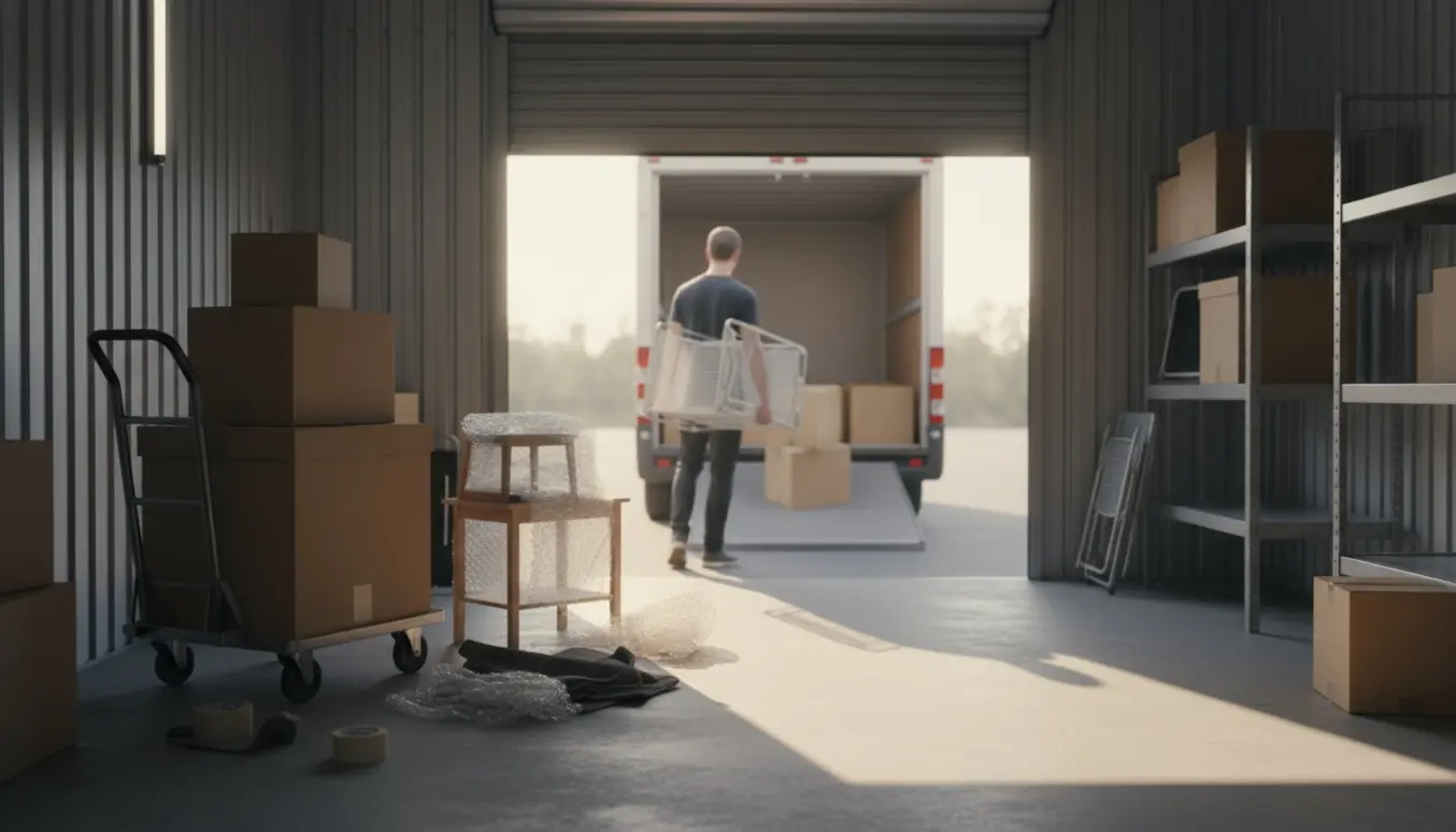 Flyttekasser og små møbler bæres ud af et halvt fyldt 6 m² lagerrum.