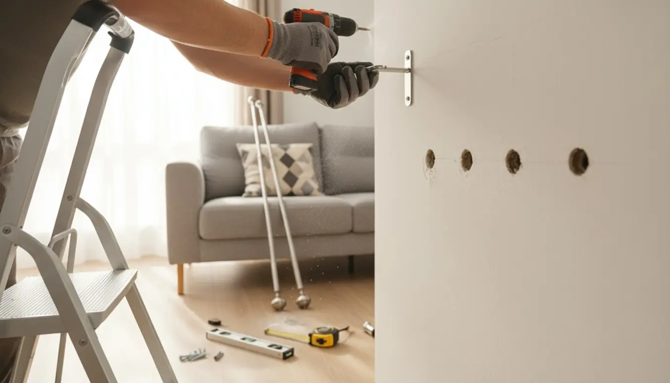 Hænder borer huller og monterer tre gardinstænger med en kort stige i en lys lejlighed.
