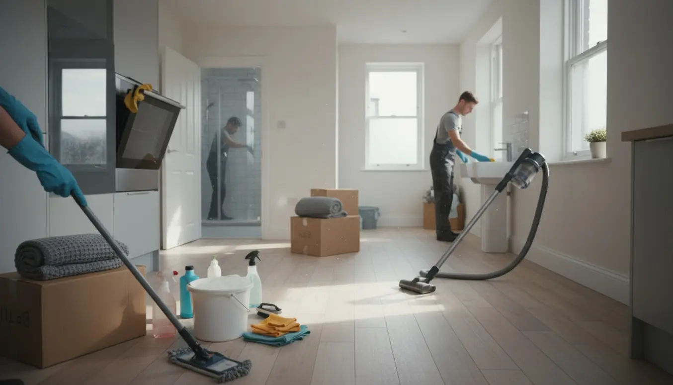 Fraflytningrengøring i lyst rækkehus med handsker, rengøringsmidler og flyttekasser.