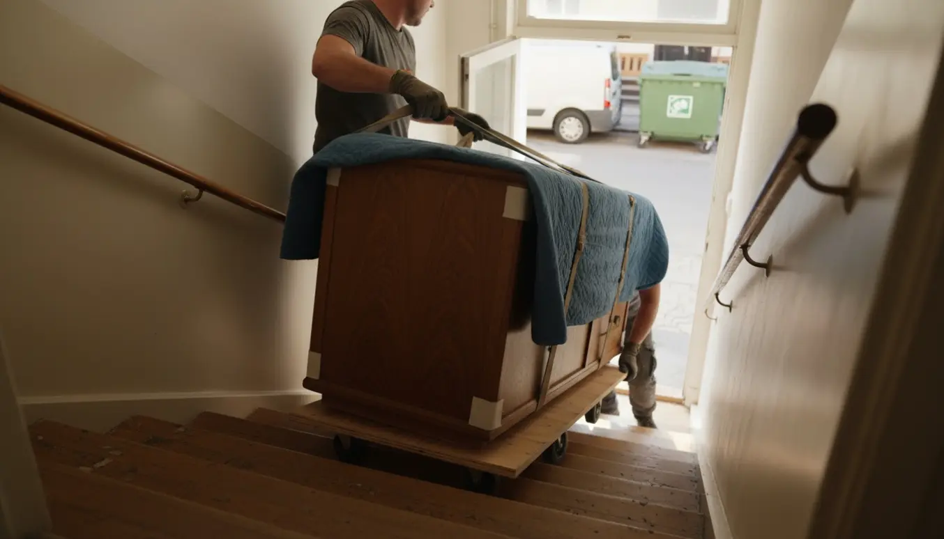 To personer flytter en tung skænk ned ad en smal opgang med løftestropper og flyttevogn.