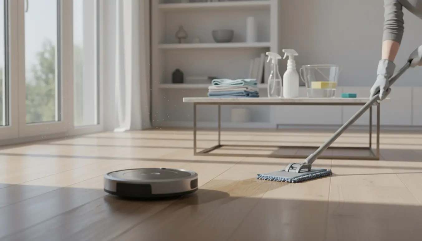 Hænder støvsuger og moppe i en lys, moderne stue med klude og rengøringsmidler i nærheden.