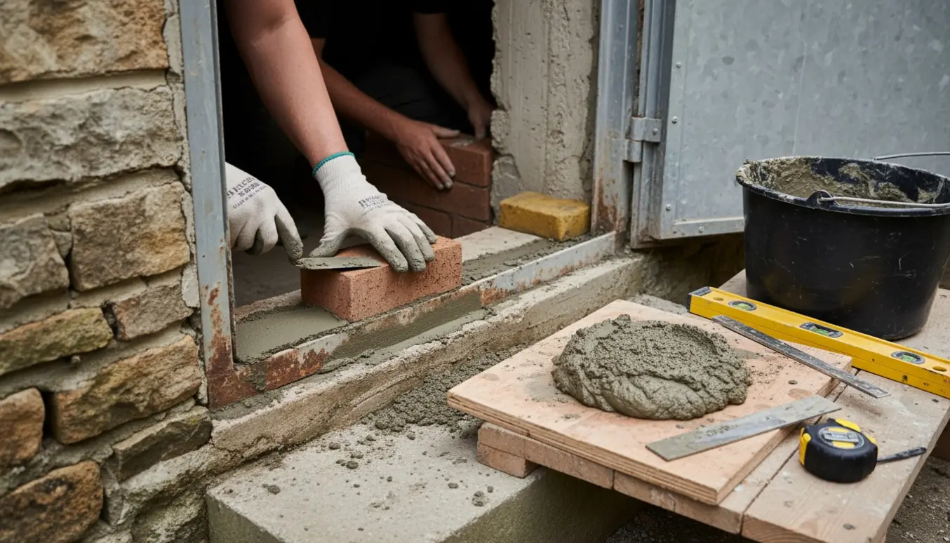 Hænder murer om en kælderdør med mursten, mørtel og murske.