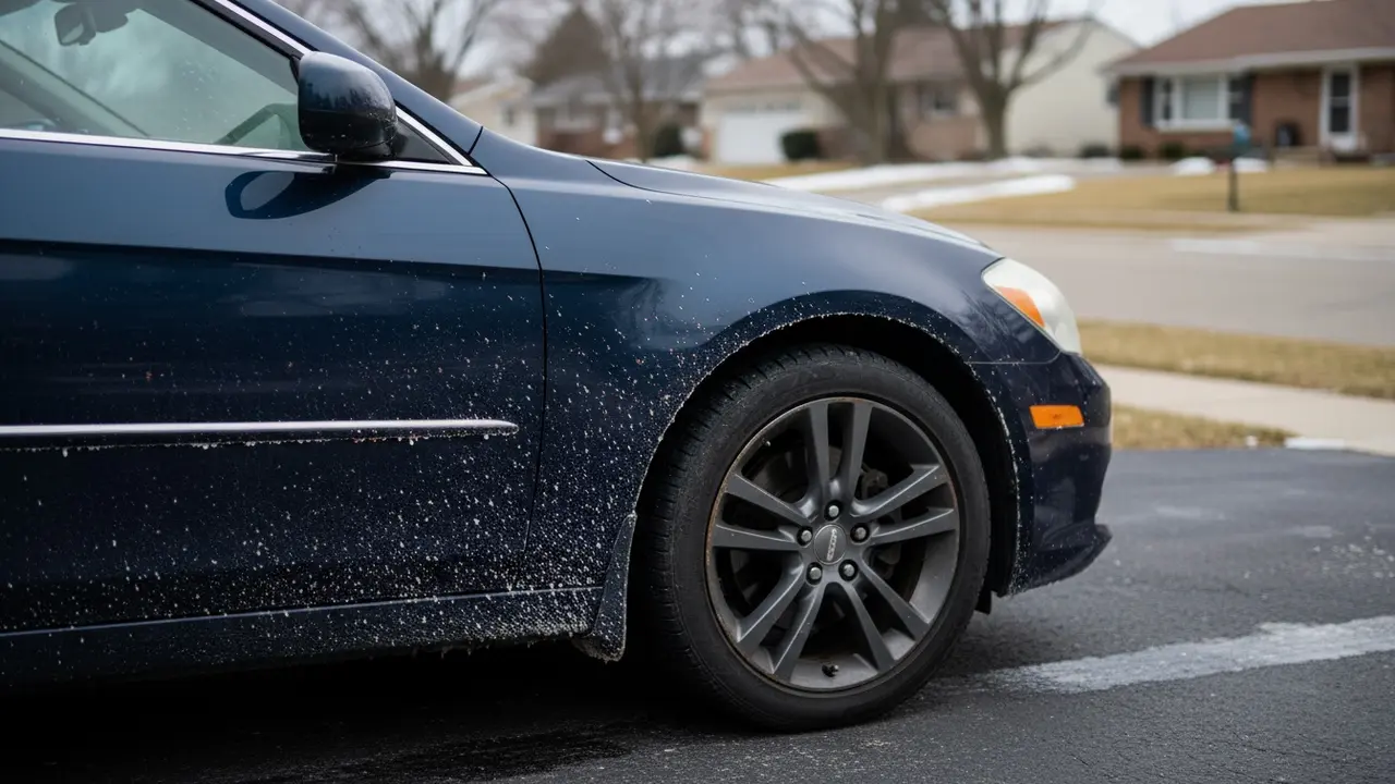 Bil med synlige saltrester og små rustpletter efter vinteren