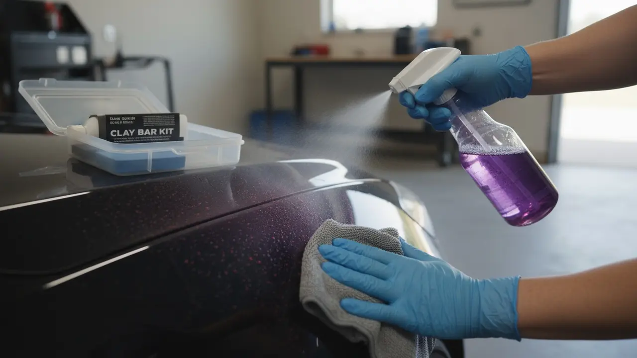 Nærbillede af påføring af flyverustfjerner på lakken med handsker og klud