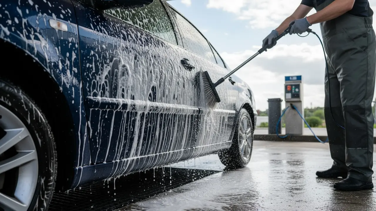 Person vasker bil nedefra og op med skum og vandslange for at fjerne vejsalt