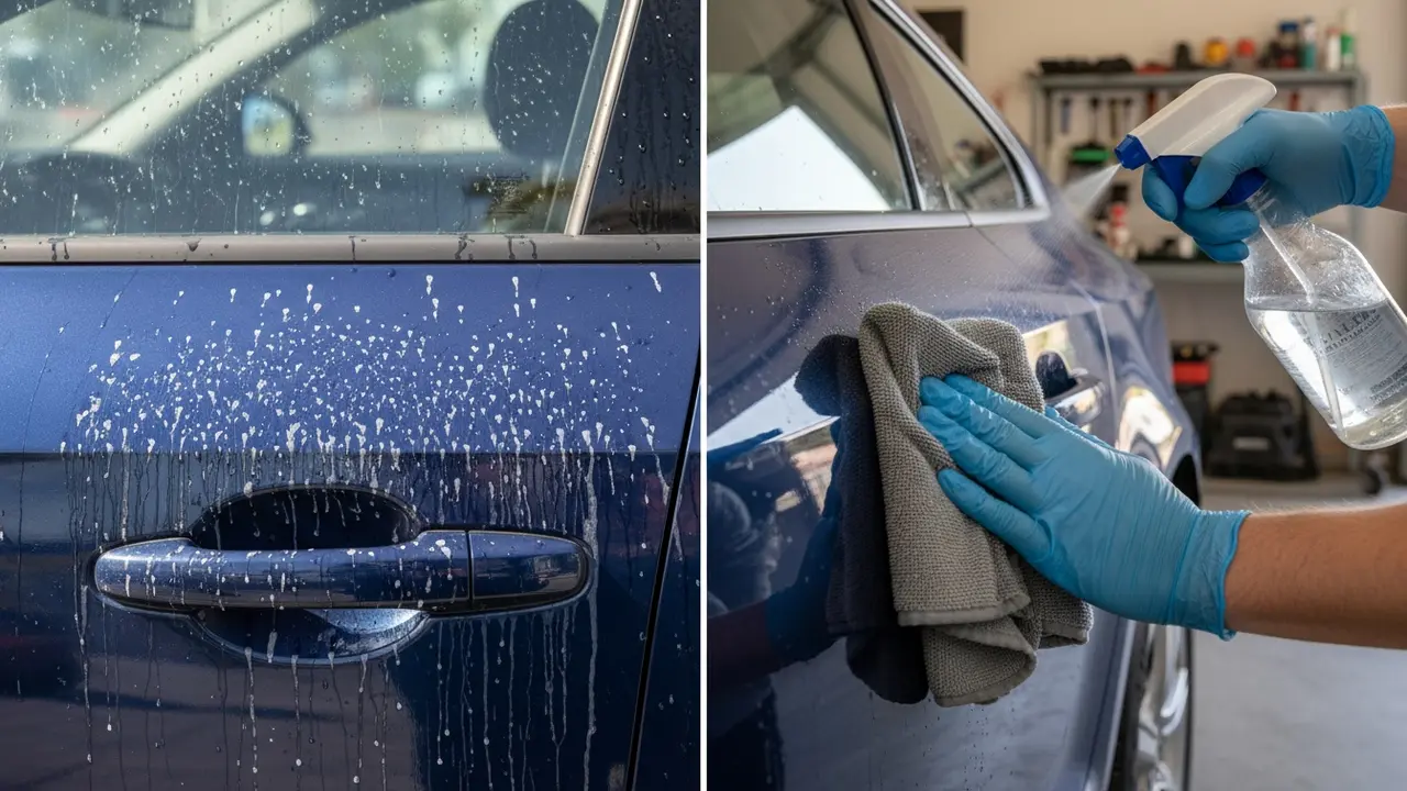 Fjernelse af kalkpletter med eddikeopløsning og microfiberklud på bilens lak