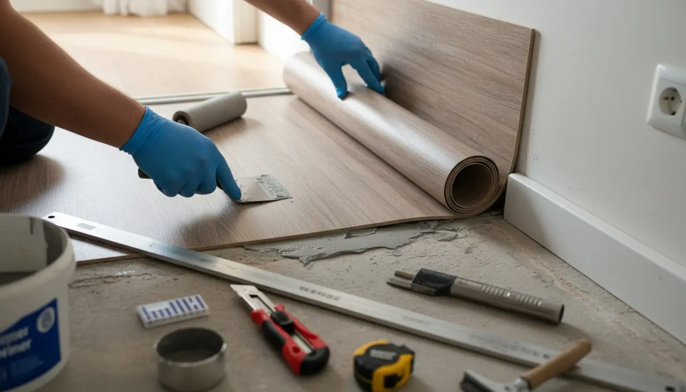 Nærbillede af forberedelse og lægning af rulle-vinyl i entré og køkken med råt undergulv og værktøj.