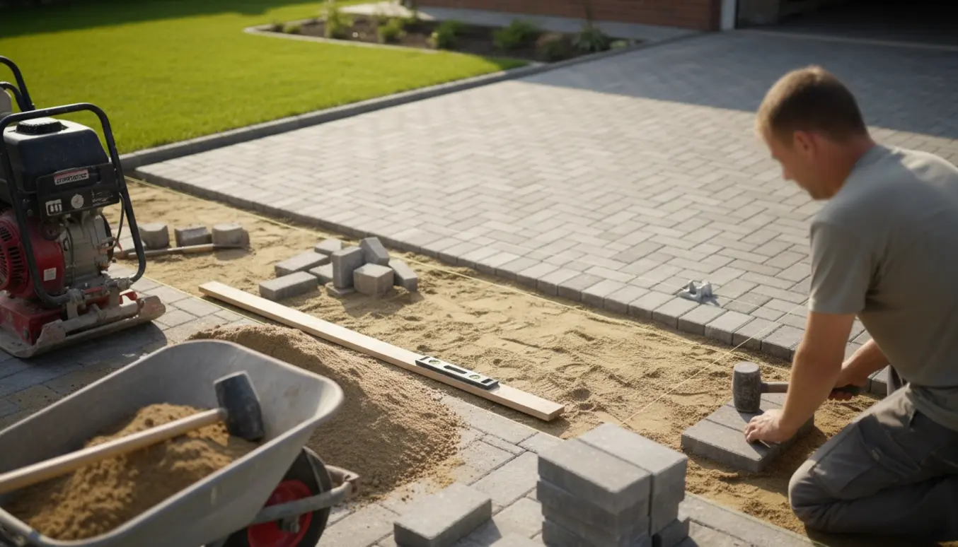 Fliselægning ved hus og indkørsel med sand, nye fliser og værktøj i naturligt dagslys.