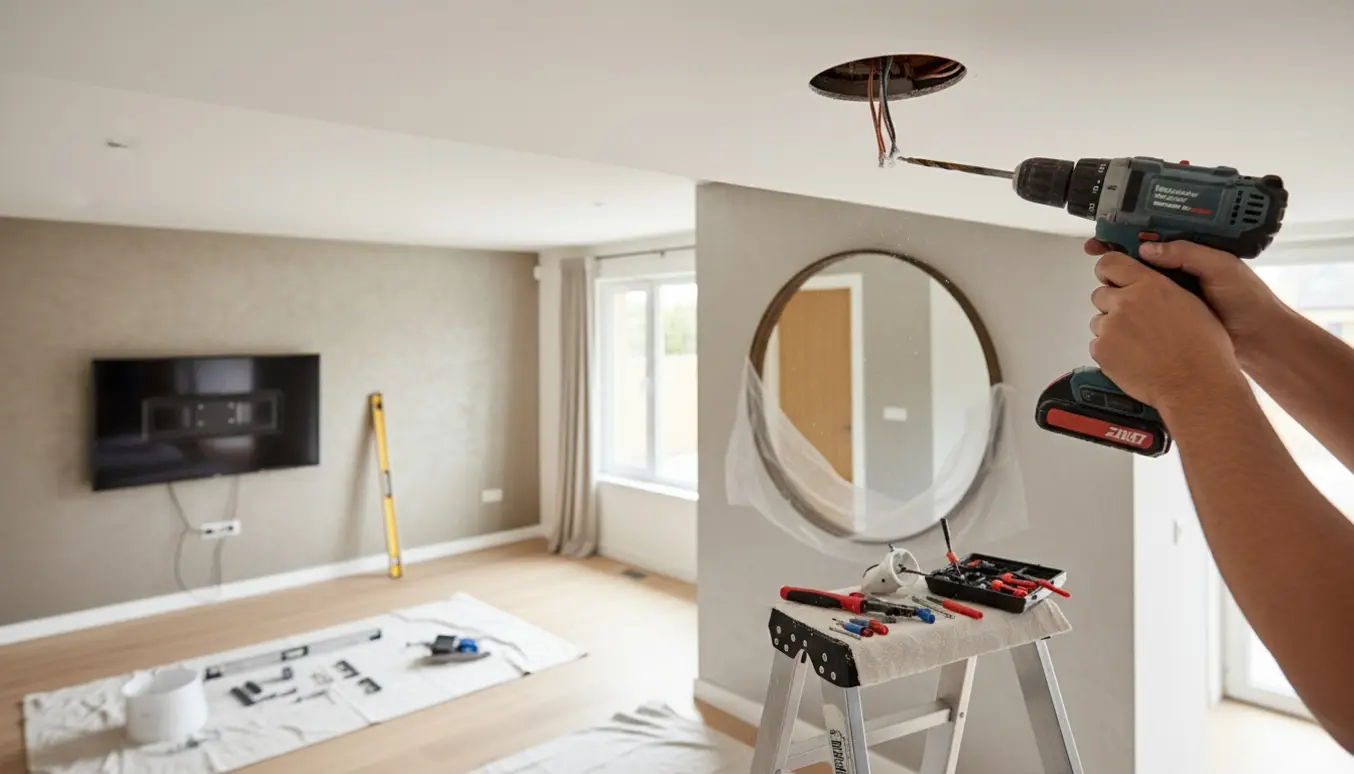 Håndværker på stige borer i loftet med lampeledning, spejl og TV-beslag klar i en lys, moderne entré.