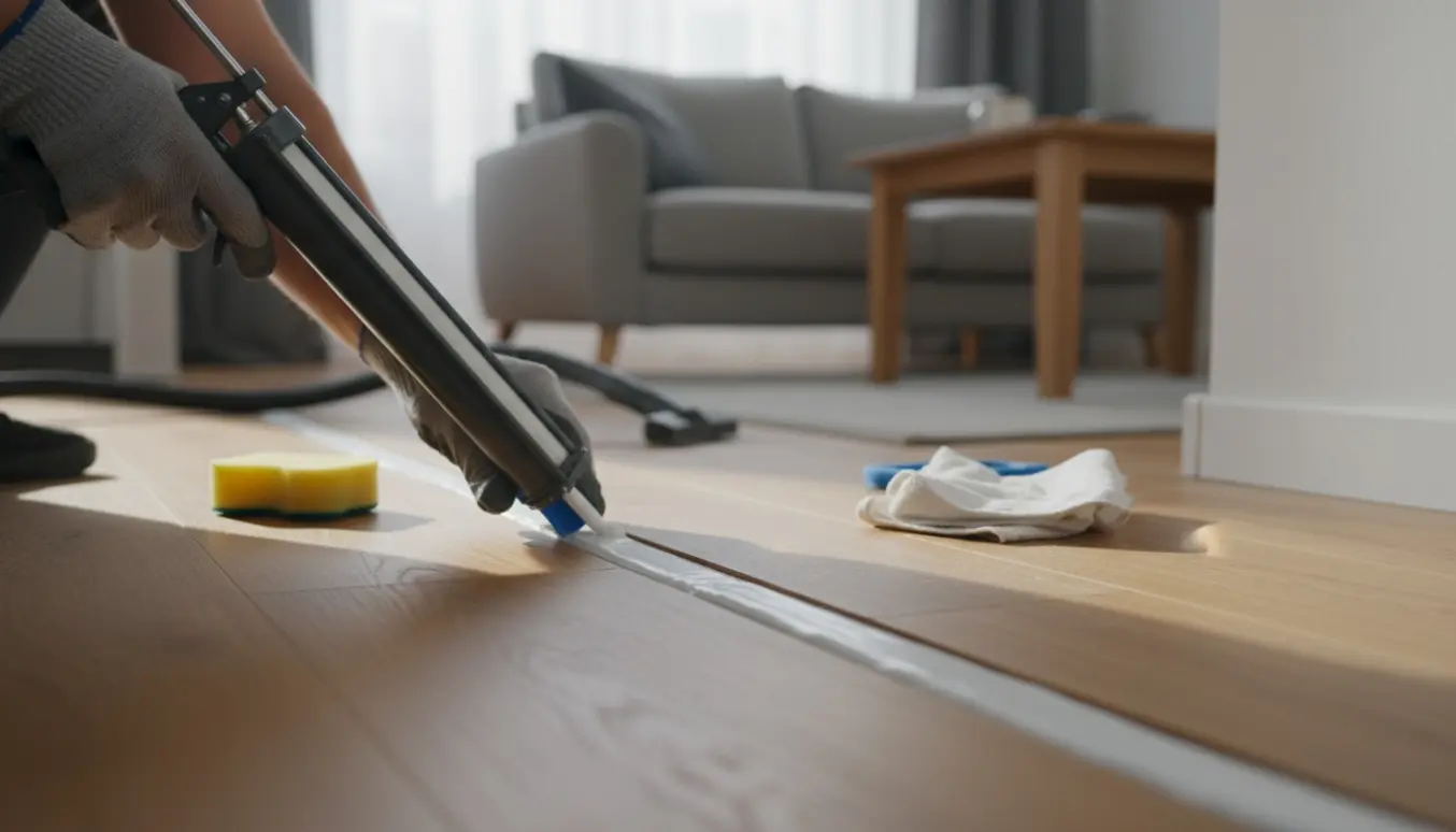 Nærbillede af fugearbejde mellem trægulv og paneler i en lys stue.