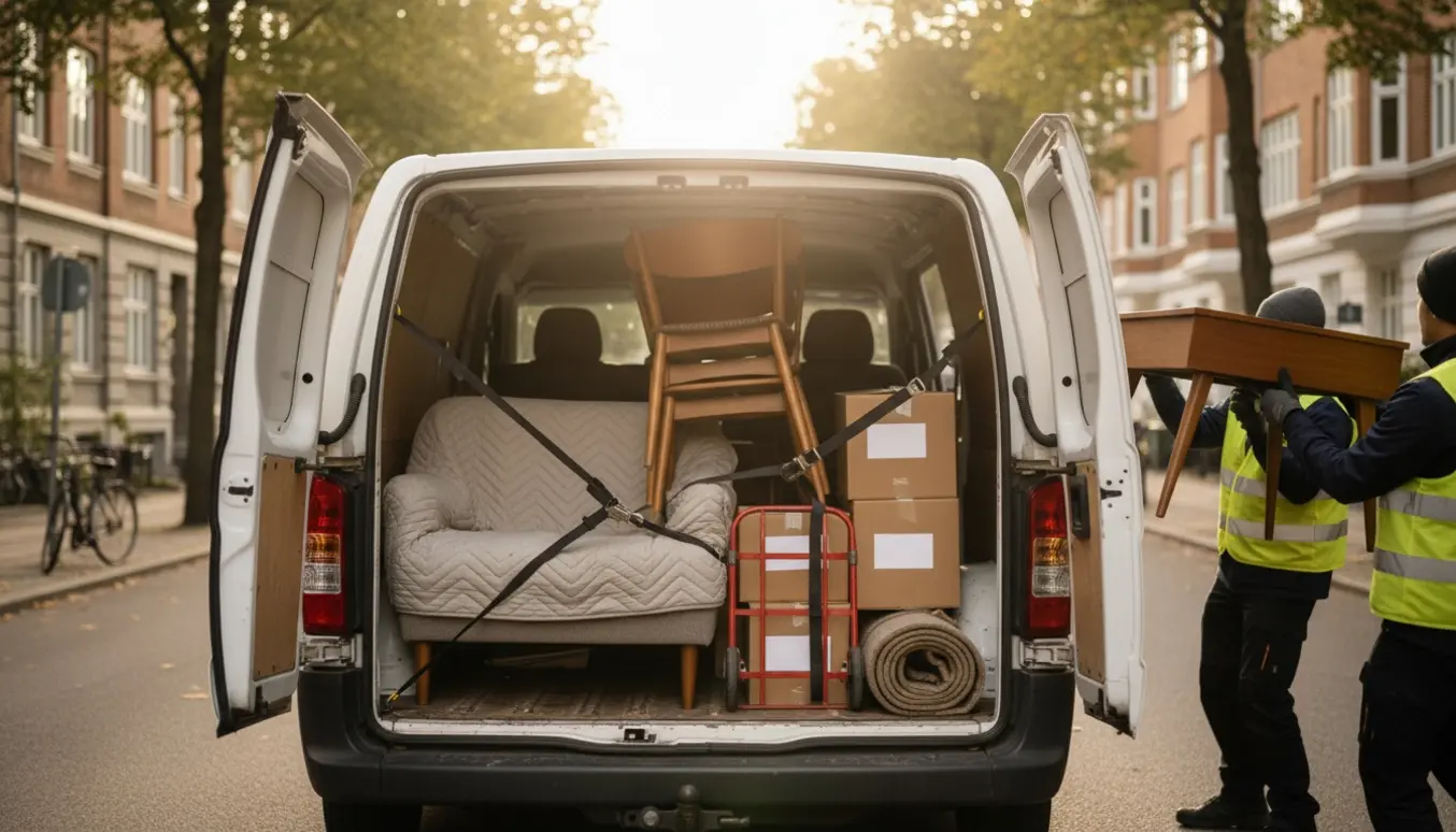 Åben flyttevogn på Frederiksberg fyldt med møbler og flyttetæpper klar til transport til Odsherred.