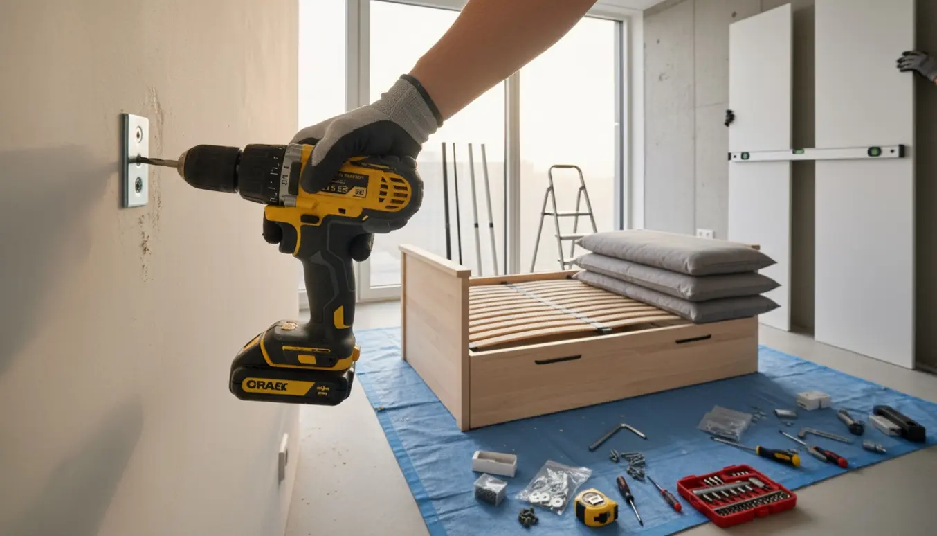 Hænder bruger en boremaskine til at montere et vægskab med delvist samlet Ikea sovesofa, garderobepaneler og gardinstænger i baggrunden.