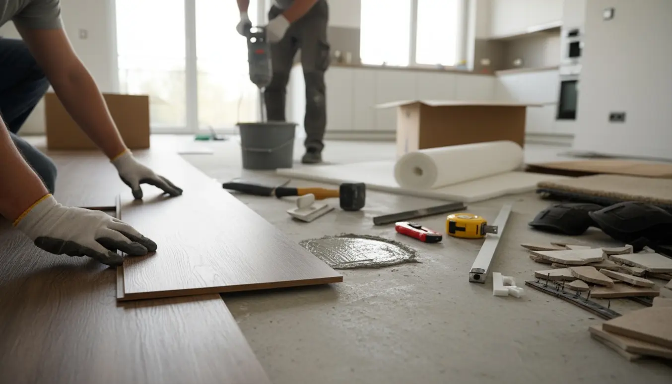 Nærbillede af installation af vinyl klikgulv på betongulv med værktøj og flydespartel i lejlighed.