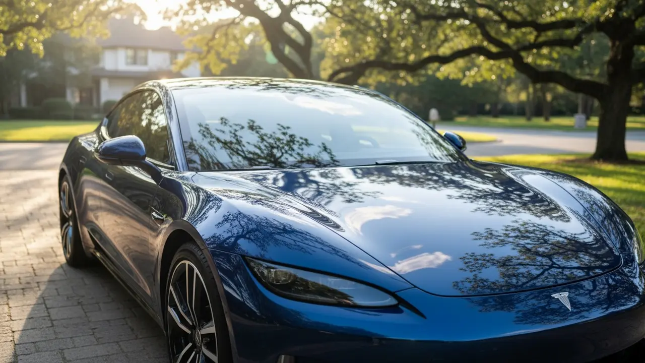 Skinnende, nylakeret bil med spejlblank lak der reflekterer omgivelserne