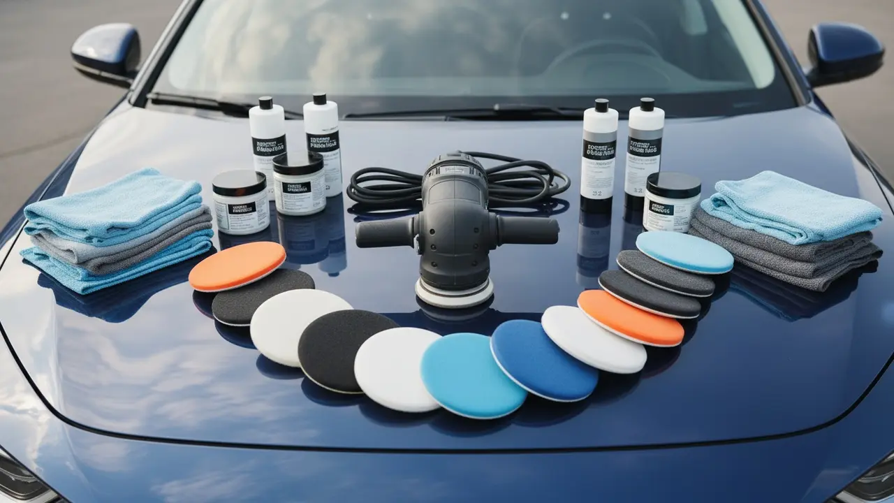 Polermaskine, polerpads, polermidler og mikrofiberklude samlet på bilens motorhjelm