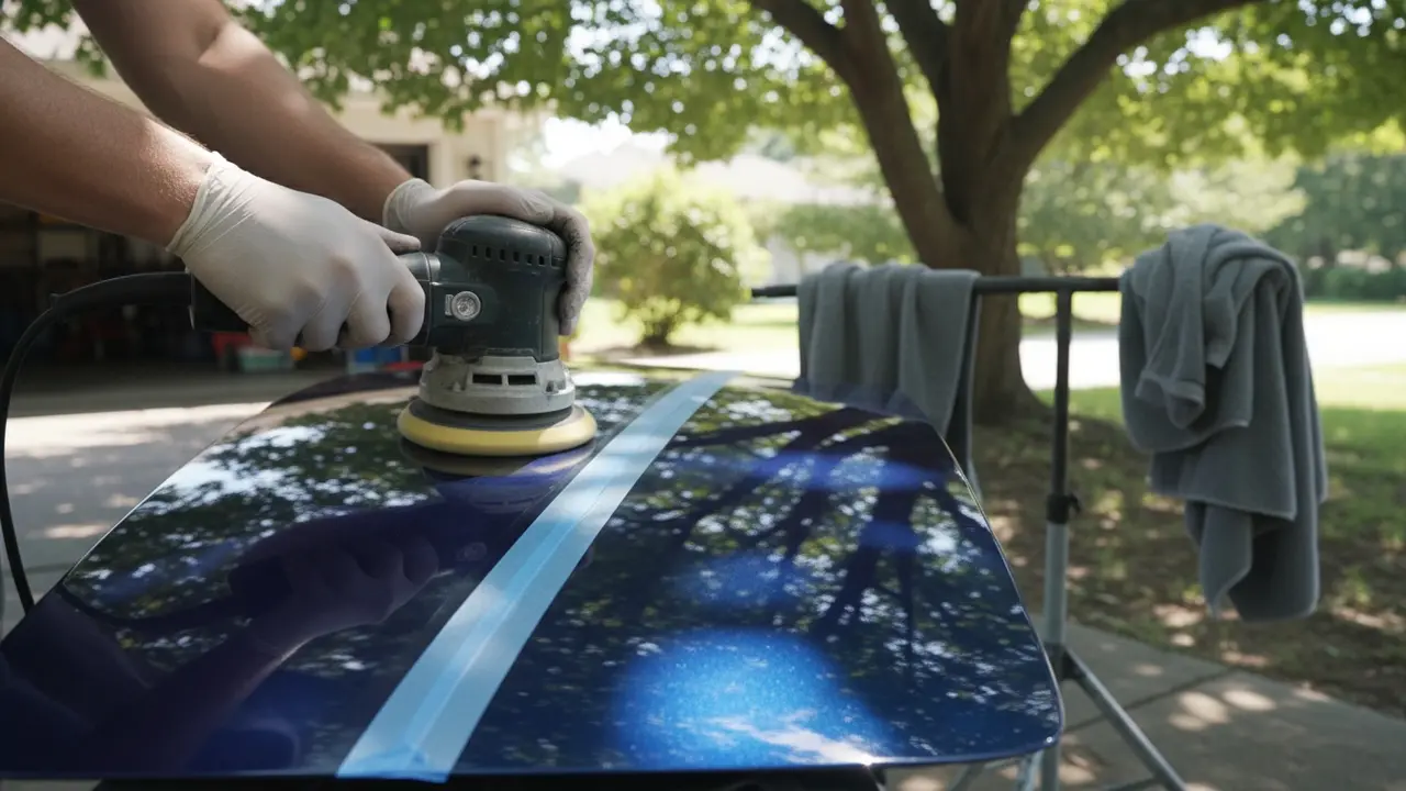 Nærbillede af polering med polermaskine på et afgrænset bilpanel i sektioner