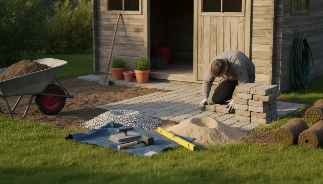 Forberedelse af lille flisebelægning ved et haveskur med trillebør, skovl, grus og stak af herregårdssten.