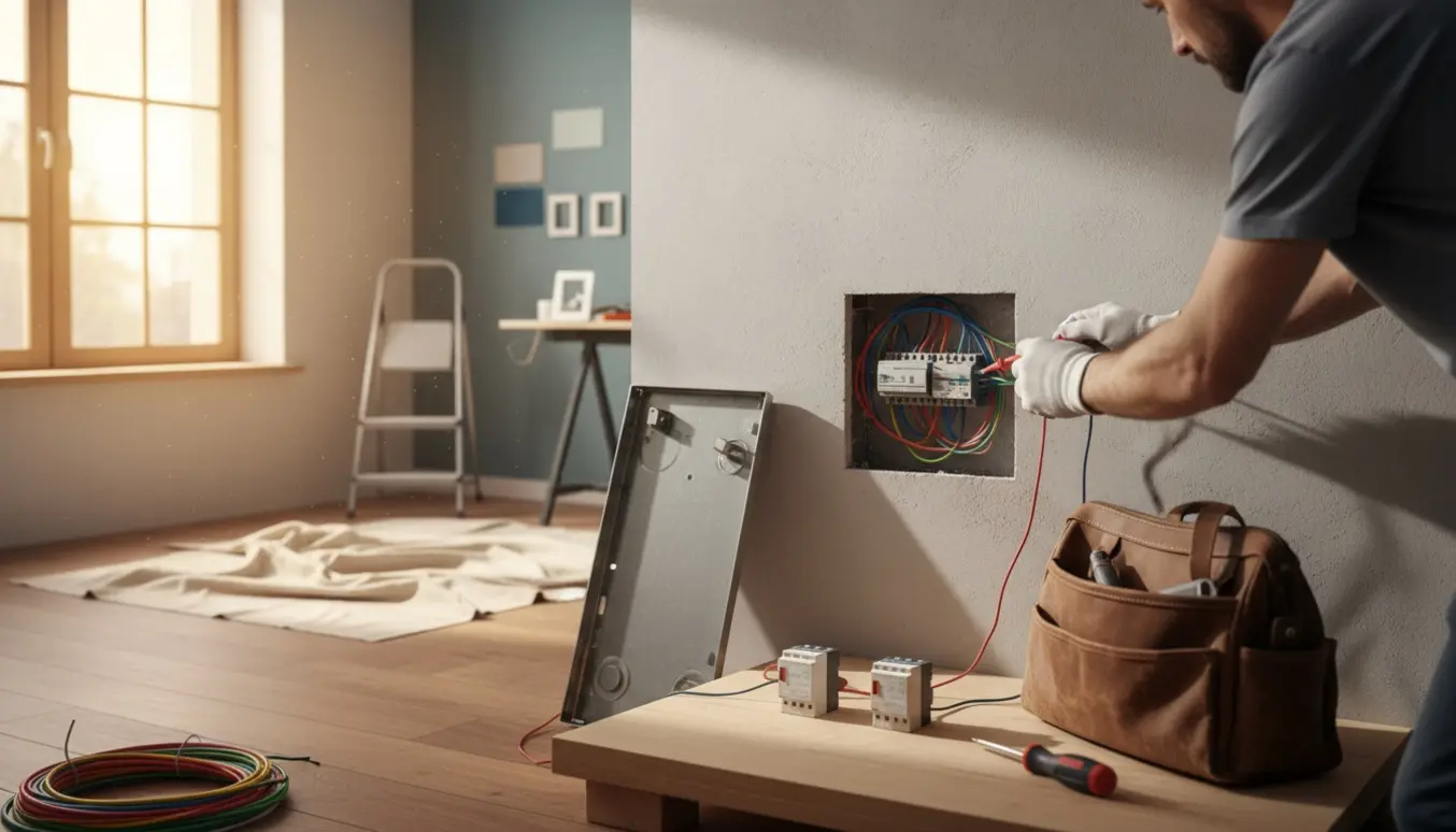 Håndværker tester to relæer ved en åben eltavle i en lejlighed under renovering.