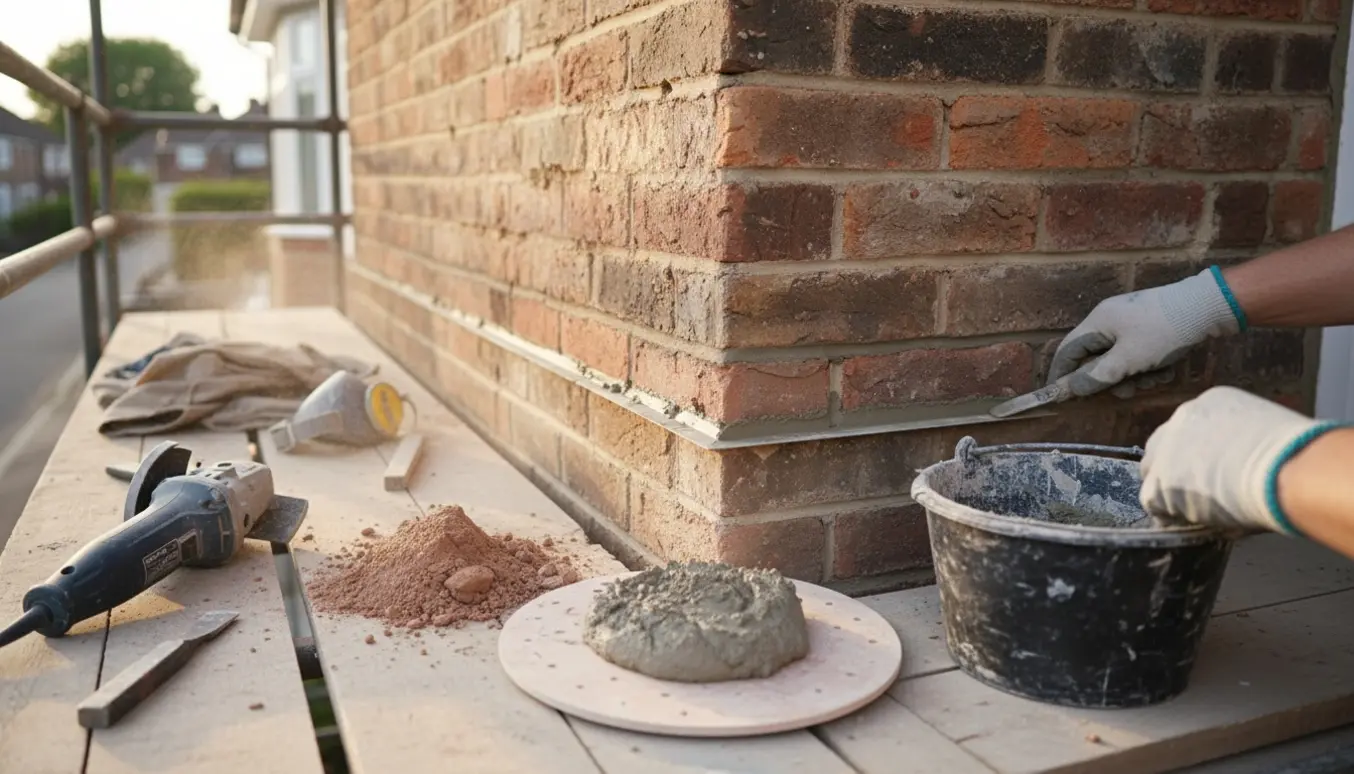 Nærbillede af udkradsning og omfugning af murstensfuger ved husets hjørne med mørtel og værktøj.