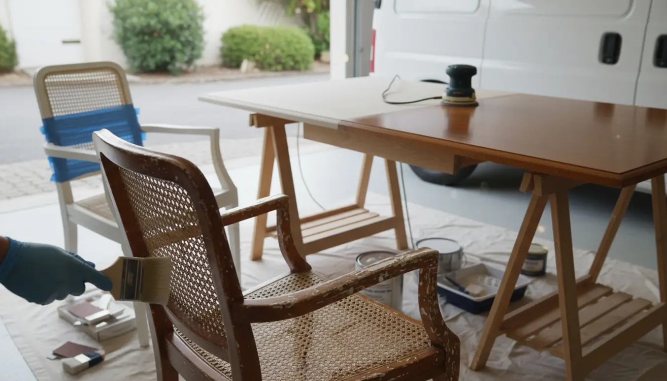 Seks spisestuestole med fransk flet og et spisebord under slibning og maling i et solbelyst værksted.