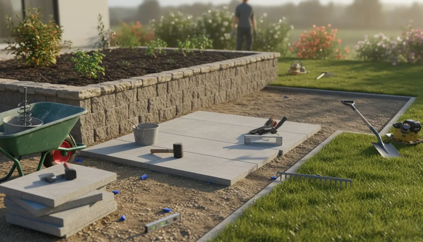 Nærbillede af fliselægger med handsker, flise der lægges på sandbund foran en lav flisevæg og et nyt bed.