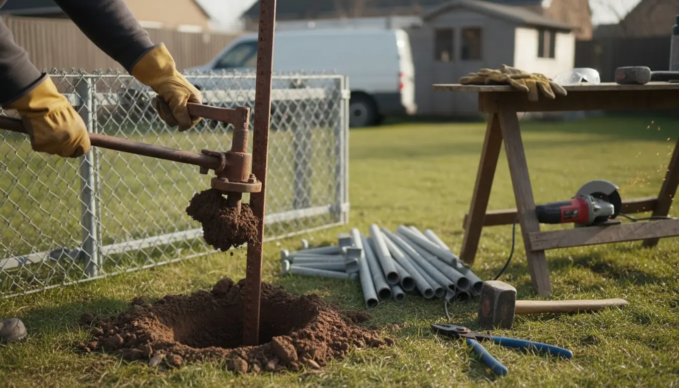 Fjernelse af rustent hegn med metalrør og værktøj i en baghave.