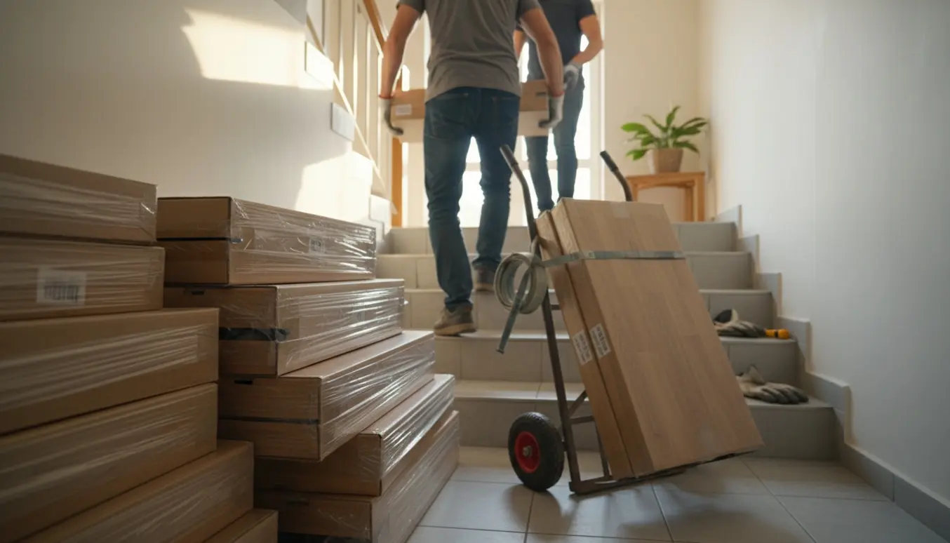 To personer bærer klikgulvspakker op ad en opgang mod en lys lejlighedsetage.