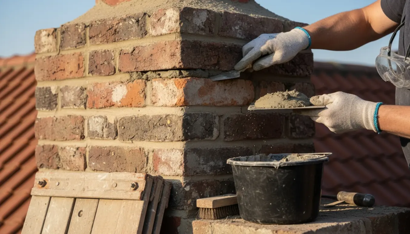 Nærbillede af hænder, der omfuger en frostskadet røgrørsskonstruktion på et tag.