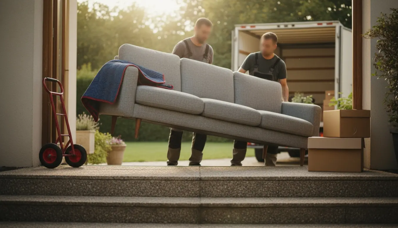 To flyttemænd bærer en stor trepersoners sofa ned ad 4–5 trin ved en indgang, ansigter ikke synlige.