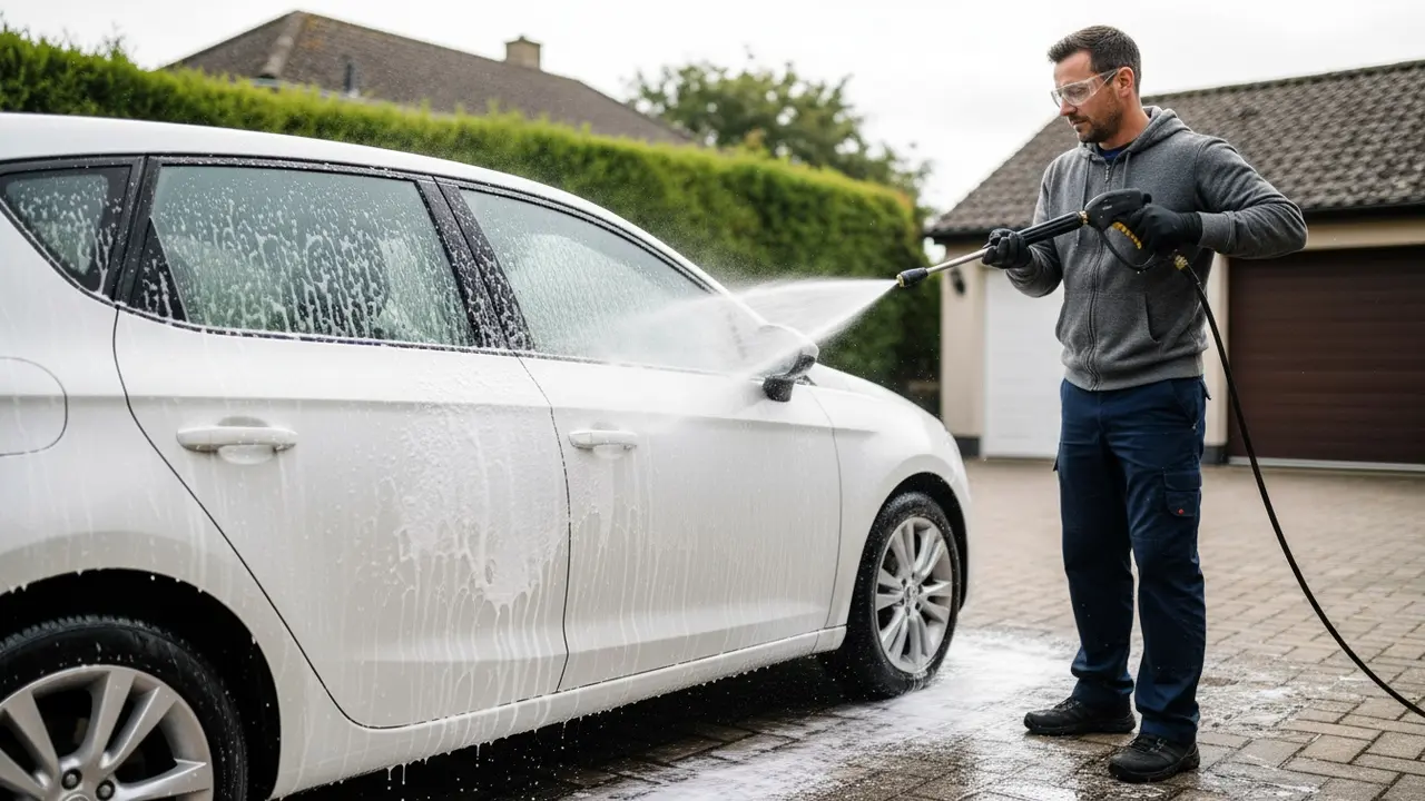 Person skyller skummet af en bil med højtryksrenser i indkørsel