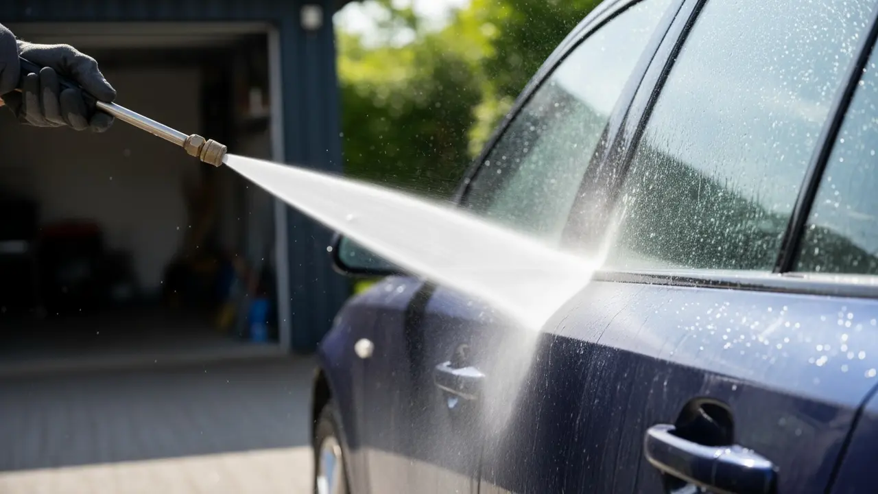 Hånd med højtryksrenser viser korrekt afstand og 90° vinkel mod bilens lak