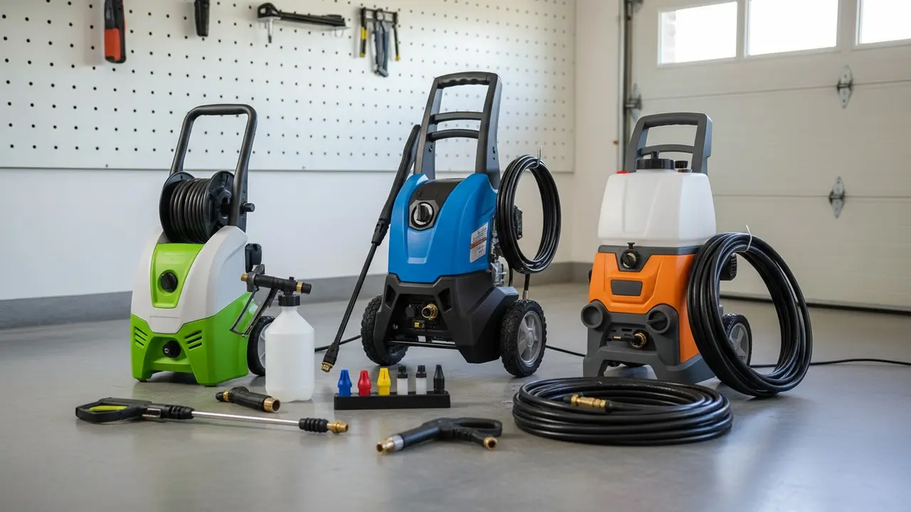 Forskellige typer højtryksrensere og tilbehør vist side om side i garage