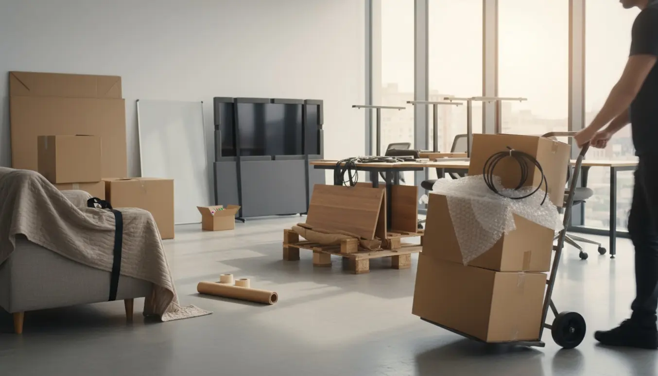 Et moderne kontor midt i flytning med stabler af flyttekasser, indpakkede møbler, tv og whiteboard klar til transport.