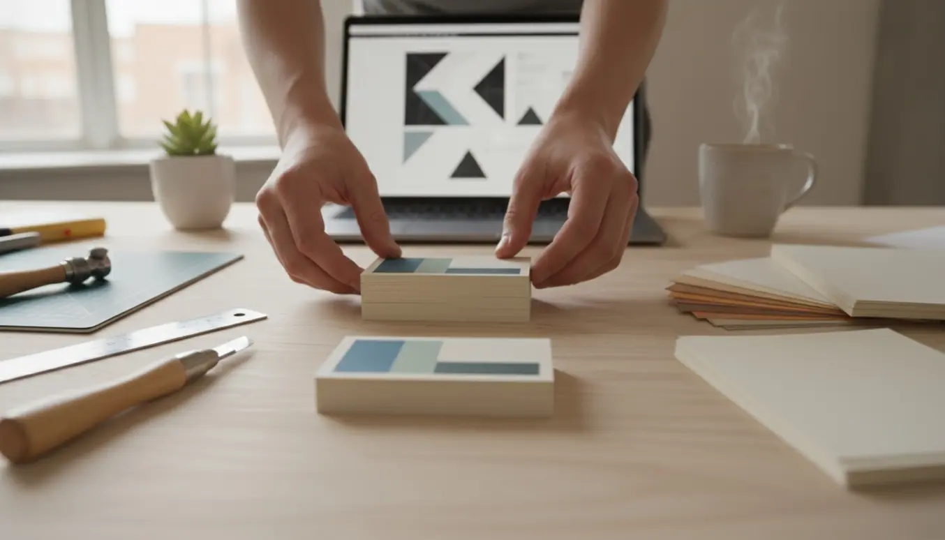 Hænder arrangerer nytrykte visitkort på et skrivebord med farveprøver og papprøver.