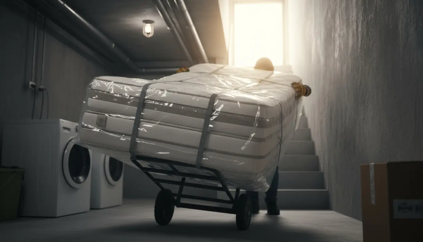 Dobbeltmadras (180x200 cm) med topmadras på en håndtruck i en kælder ved en trappe, klar til bortskaffelse.