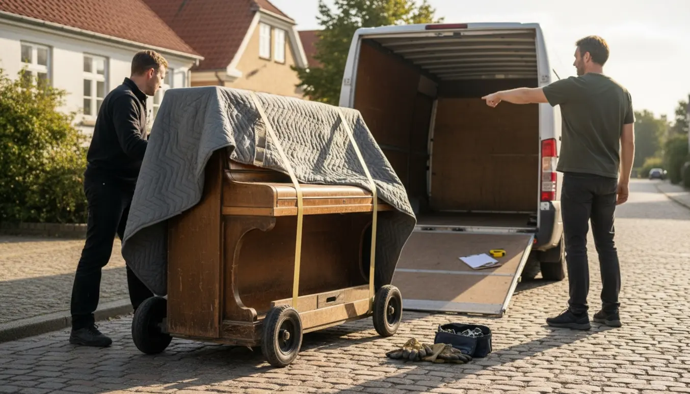 Flyttemænd pakker et brugt klaver ind ved en varevogn i Odense under forberedelse til flytning.
