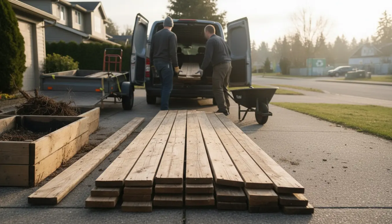 Langbrædder og plantekasse-træ læsses i varevogn og trailer på en indkørsel.