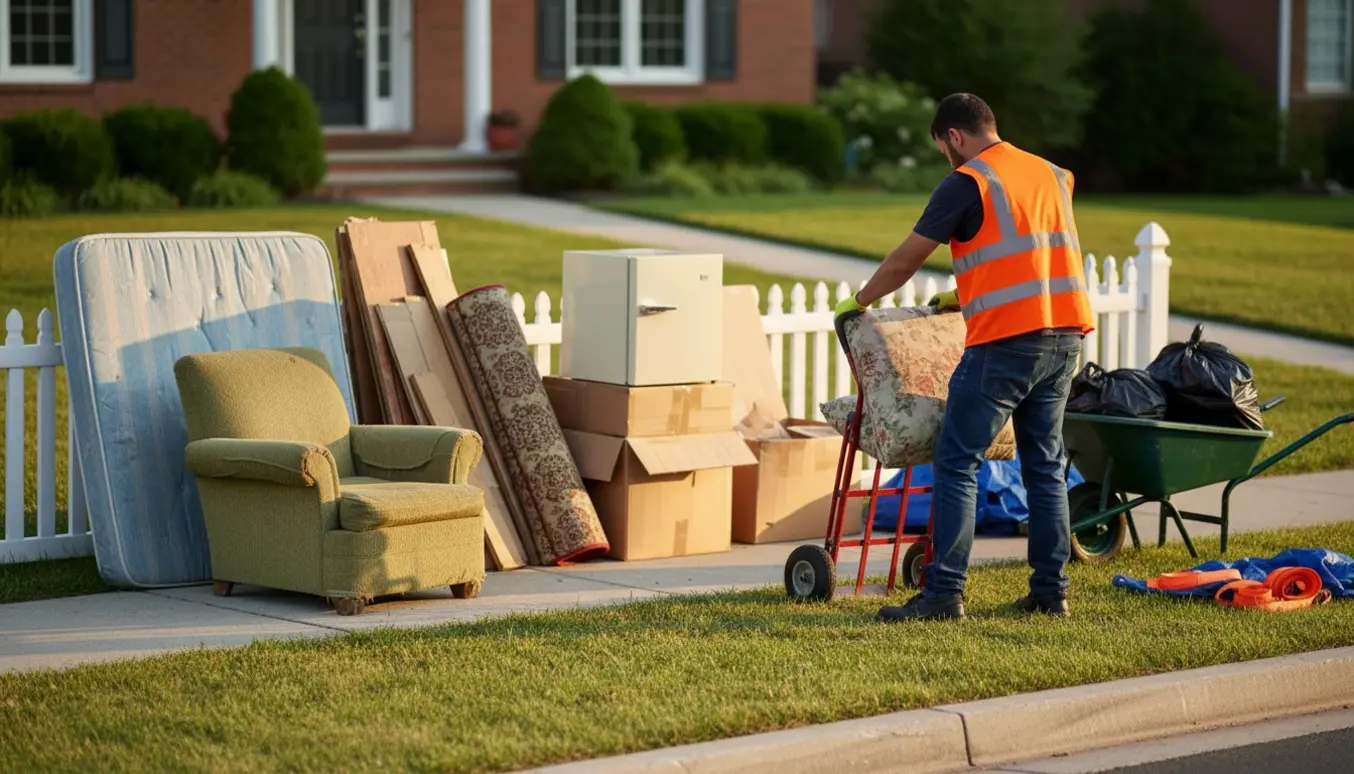 Forhave ryddes for storskrald med madras, sofa og kasser stablet ved fortovet, mens en person læsser ting på en trillebør.