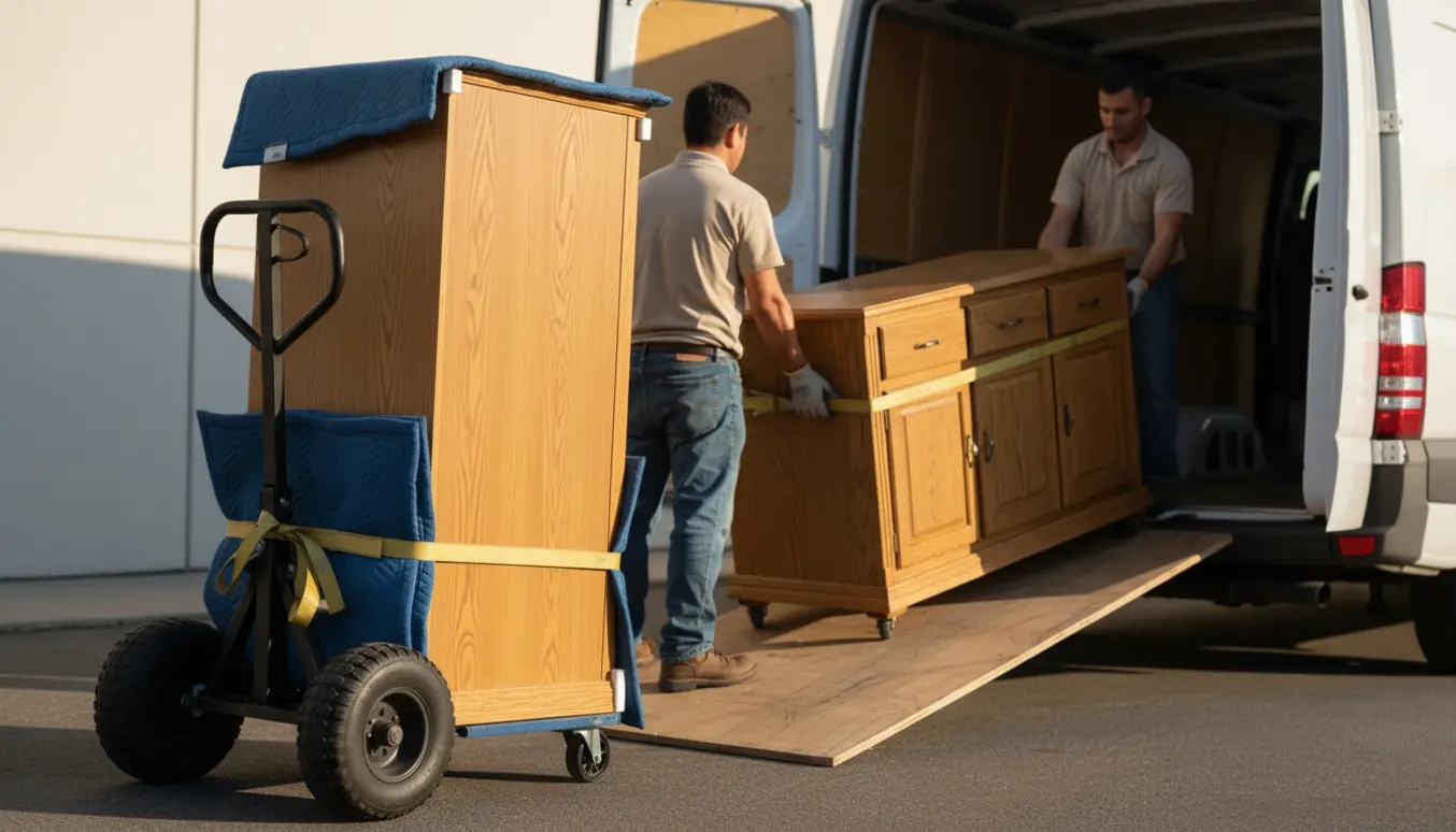 To træskabe pakket i flyttefilt og spændt fast på en flyttevogn foran en åben varevogn.