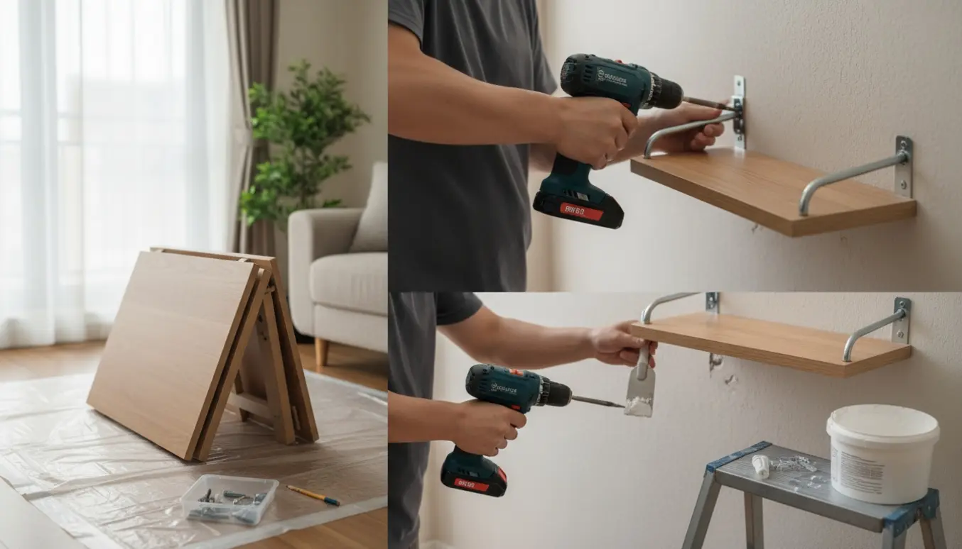 Hænder fjerner hylder og et vægbord i en lys lejlighed og udfylder skruehuller med polyfilla.