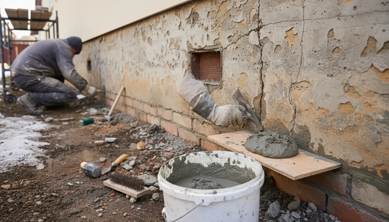 Håndværker reparerer frostsprængt sokkel med mørtel langs husets fundament.