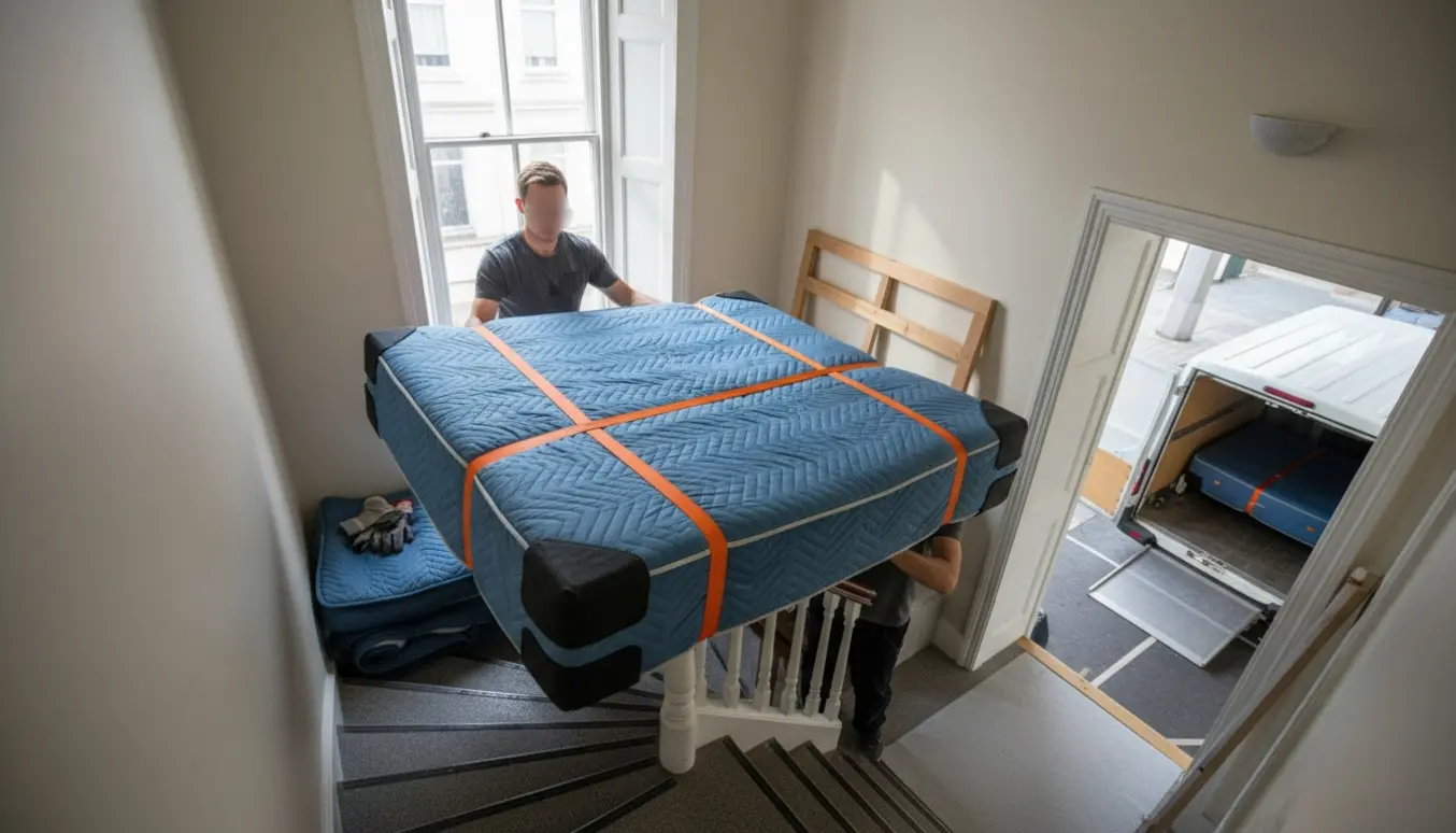 Flyttefolk bærer en 120 cm seng ned ad en trappe mod en ventende flyttevogn.