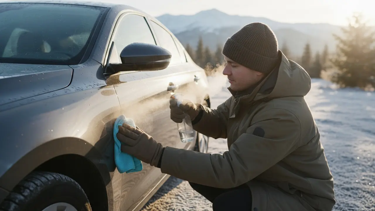 Person i vintertøj tørrer bildør med mikrofiber og varm autoshampoo, frost i baggrunden.